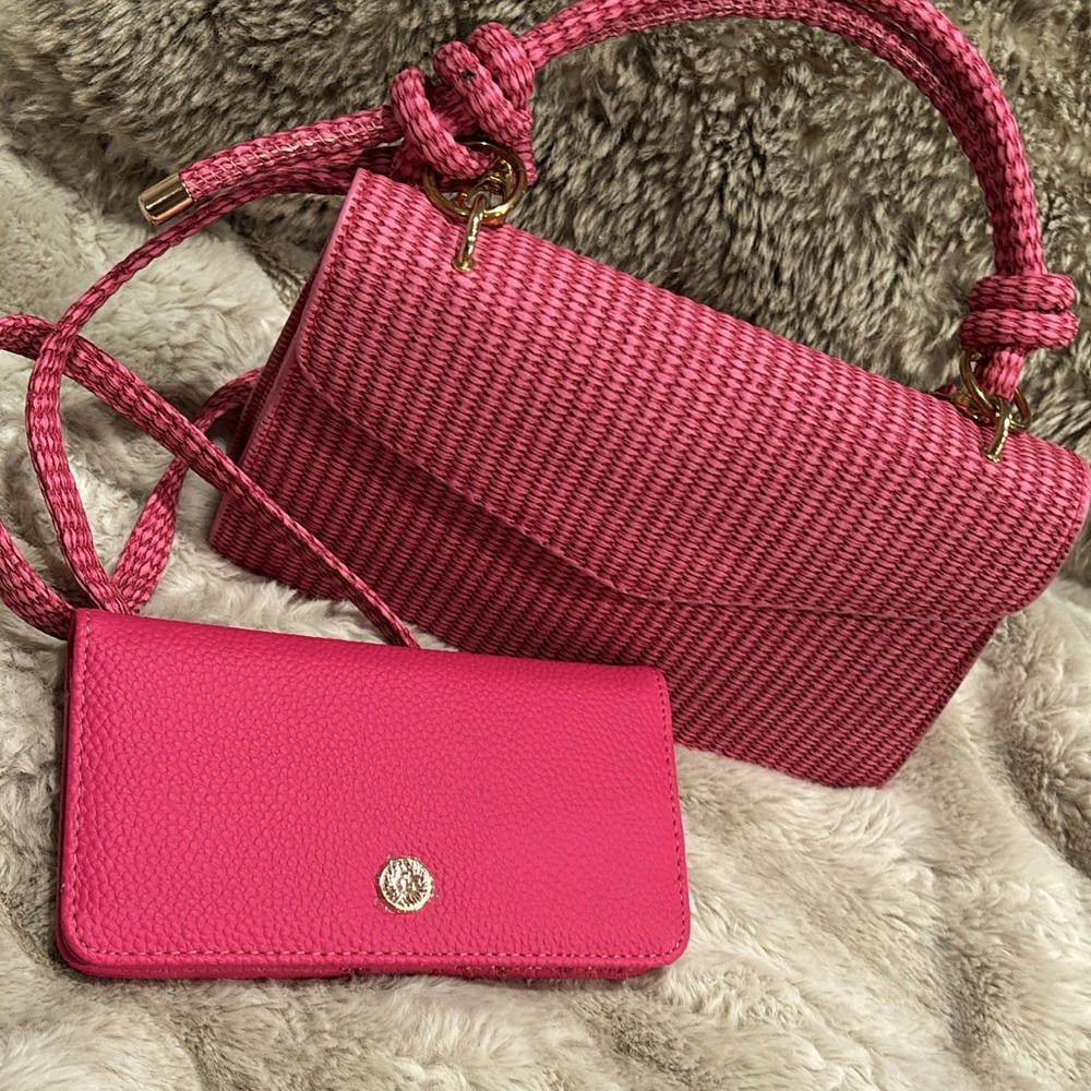 Pink Woven Handbag and Wallet Set